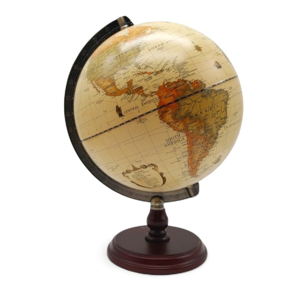 Annova 10" Antique Globe with Brass Metal Arch Solid Wood Base Vintage World Map